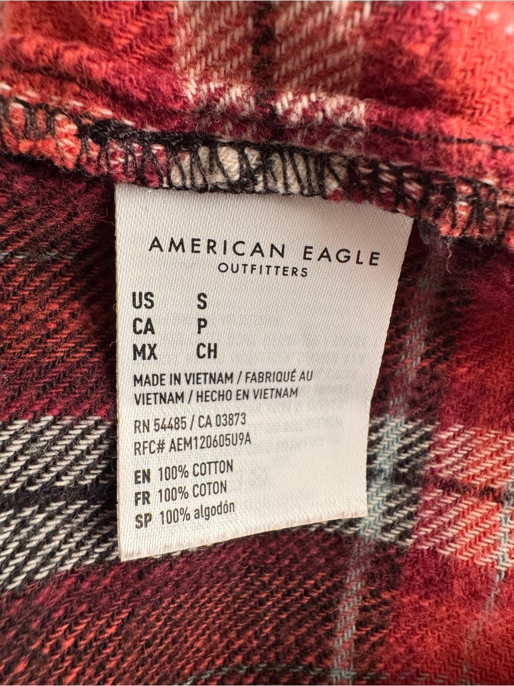 American Eagle Red and Black Plaid Cropped Flannel 100% Cotton Shirt Size S - Picture 5 of 6